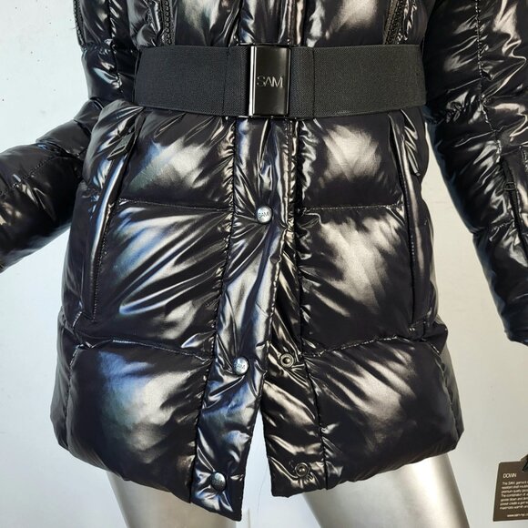 Women's winter warm Black Puffer Jacket with Fur Trim - Picture 13 of 17